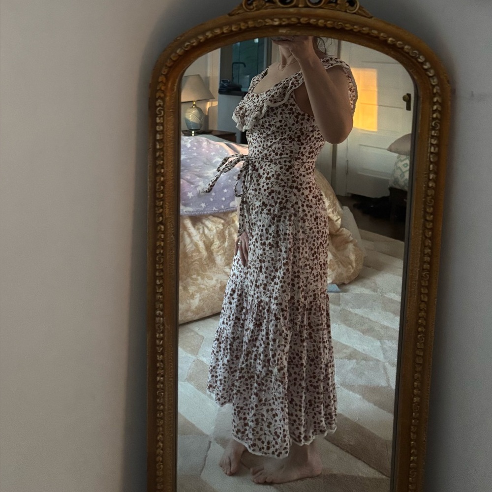 RIXO x Target Cream Mexican-Inspired Prarie Midi Dress with Brown Leaf Print